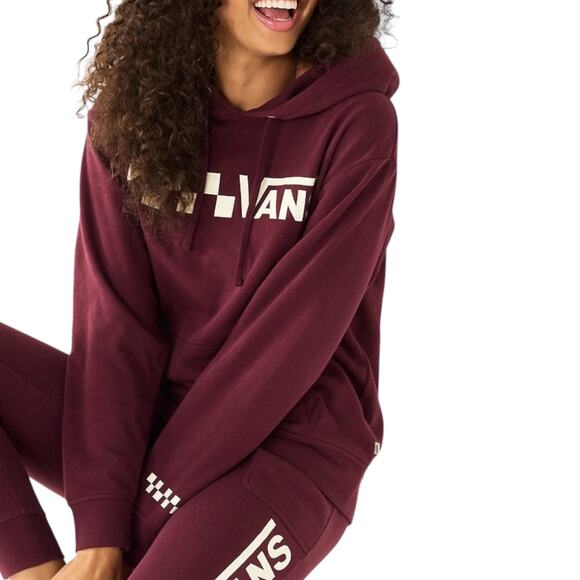 Vans Checkered "Vans" Logo Maroon Pullover Pocket Fleece Hoodie Size Large - Picture 1 of 10